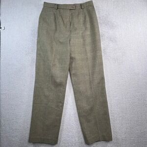 Talbots Collection Silk Wool Glen Plaid Pants Olive Green Straight Leg Size 14